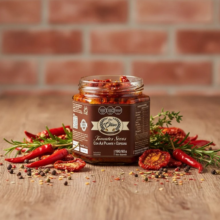 Frasco de tomates secos condimentados con ajíes picantes locoto Don Olivo, vista 3