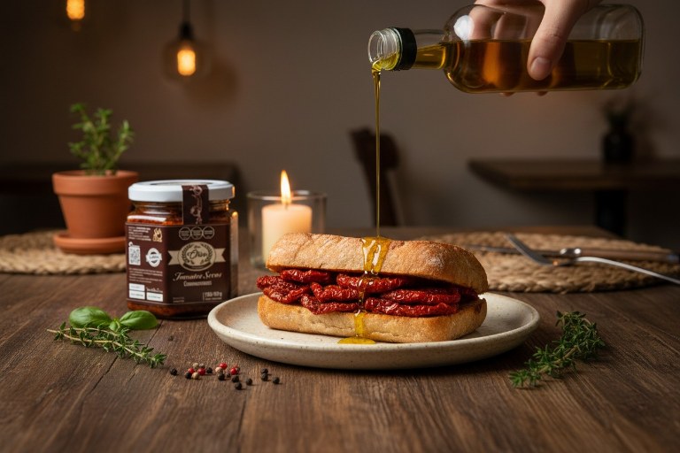 Tomates secos condimentados servidos en un sándwich