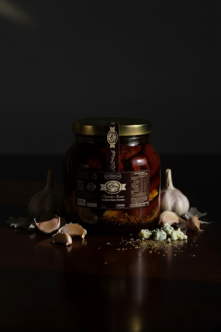Frasco de tomates secos con queso azul y especias en fondo oscuro