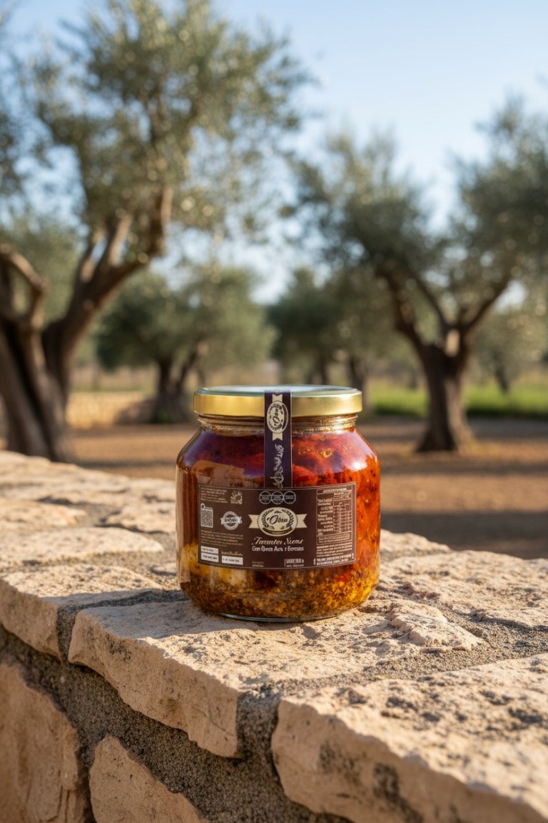 Frasco de tomates secos con queso azul y especias en un olivar