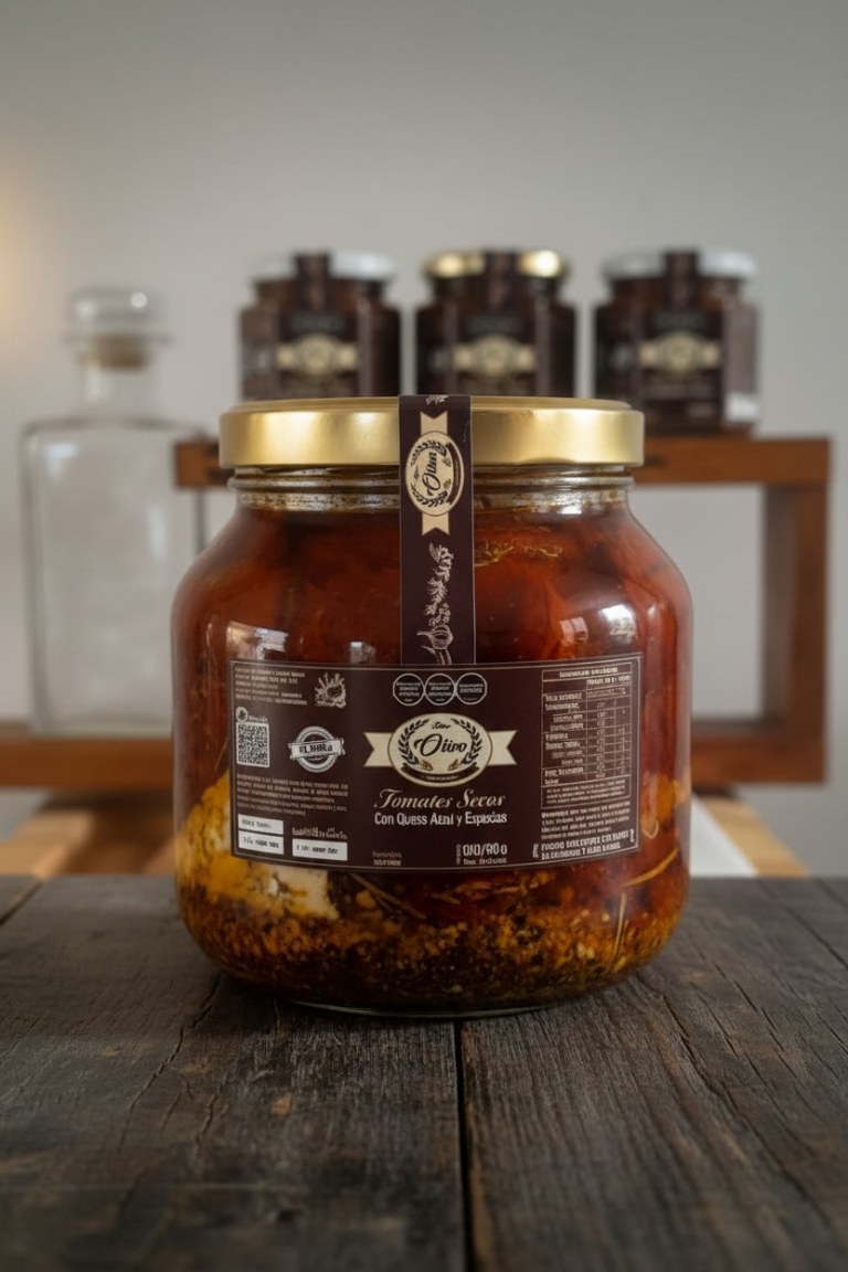 Frasco de tomates secos con queso azul y especias sobre madera