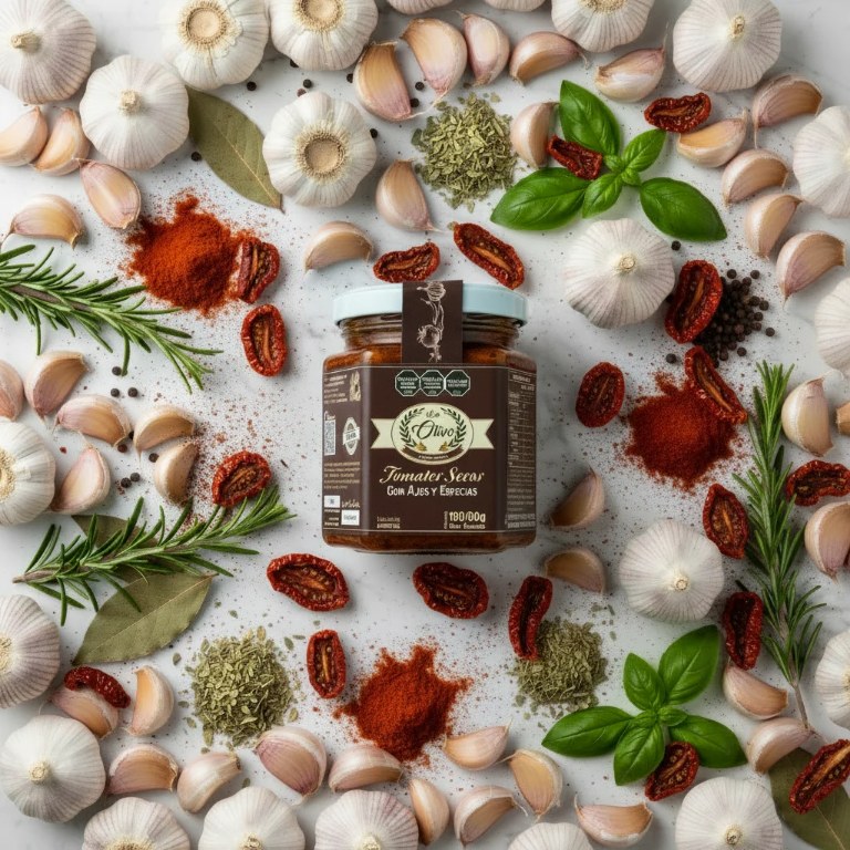 Frasco de tomates secos condimentados con dientes de ajo Don Olivo, vista 3