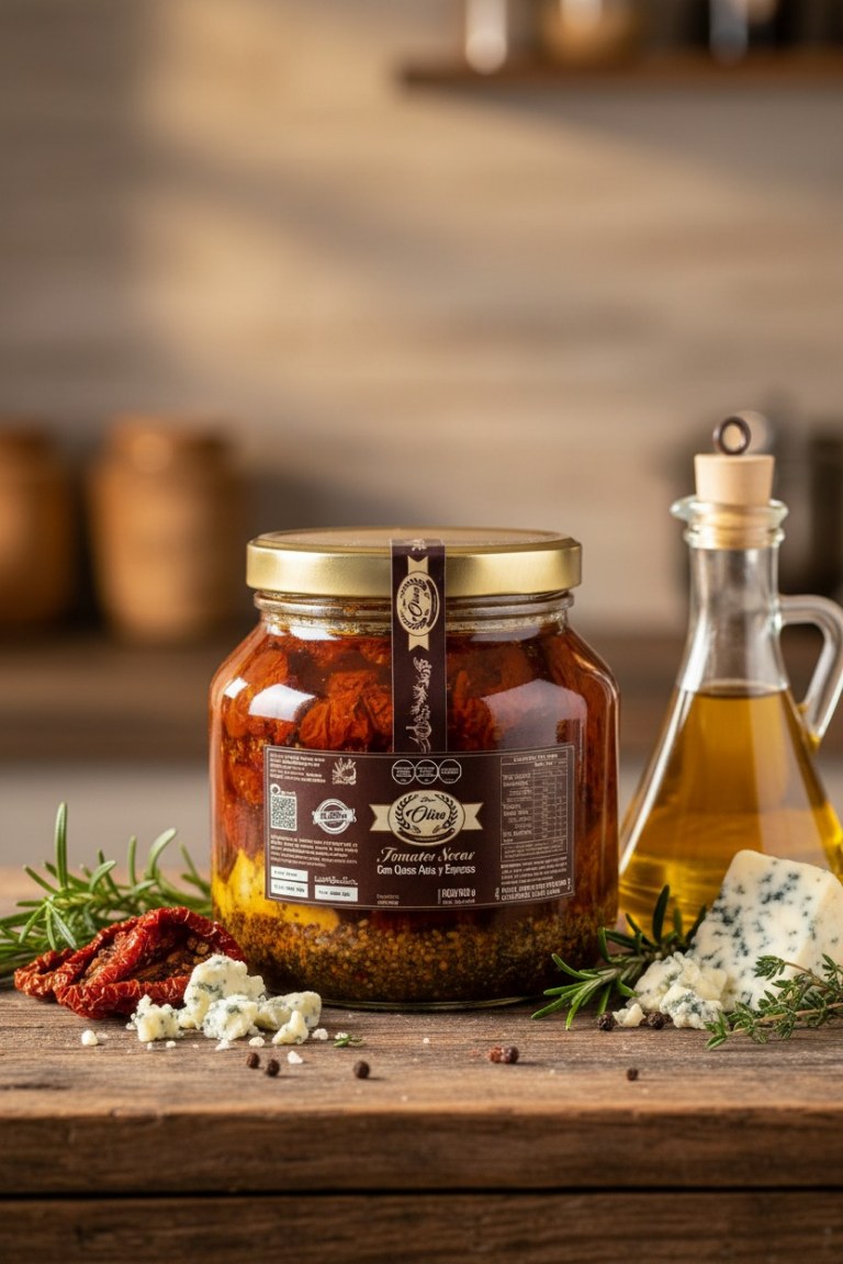 Tomates secos con queso azul y especias junto a aceite y hierbas
