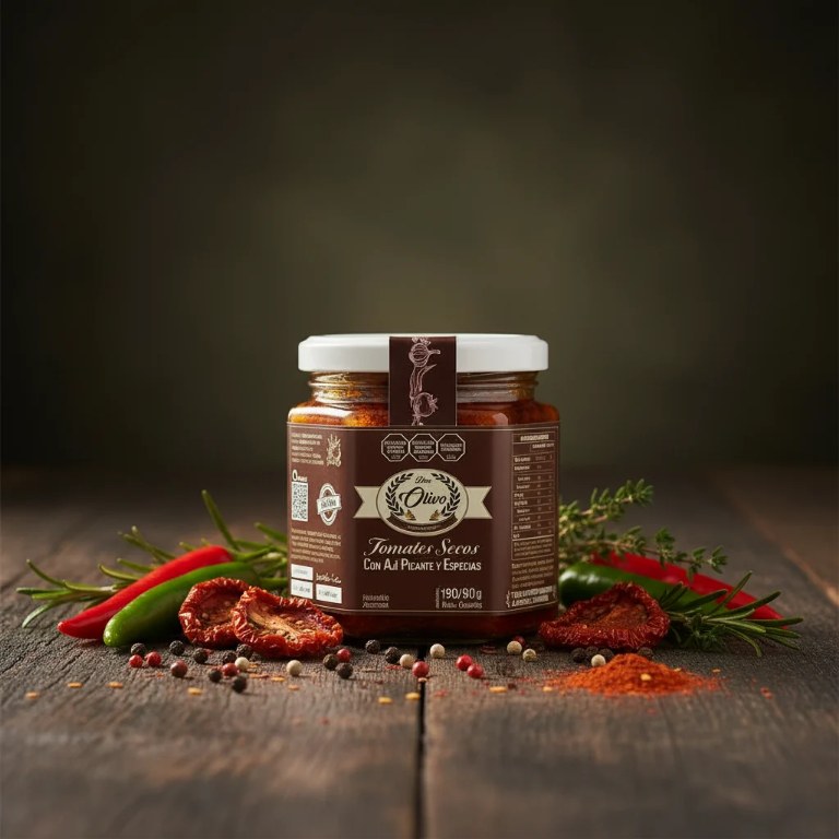 Frasco de tomates secos condimentados con ajíes picantes locoto Don Olivo, vista 1