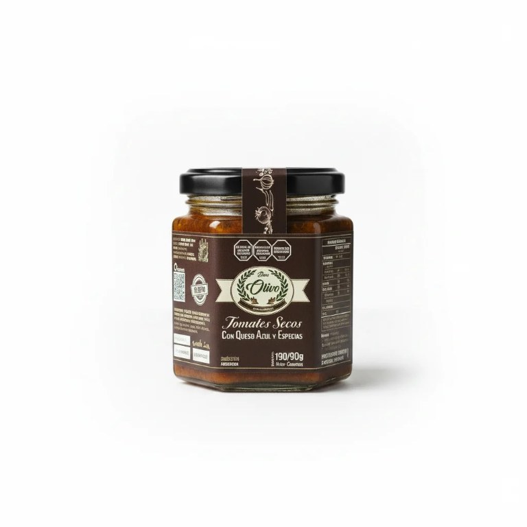 Frasco de tomates secos con queso azul Don Olivo sobre fondo blanco