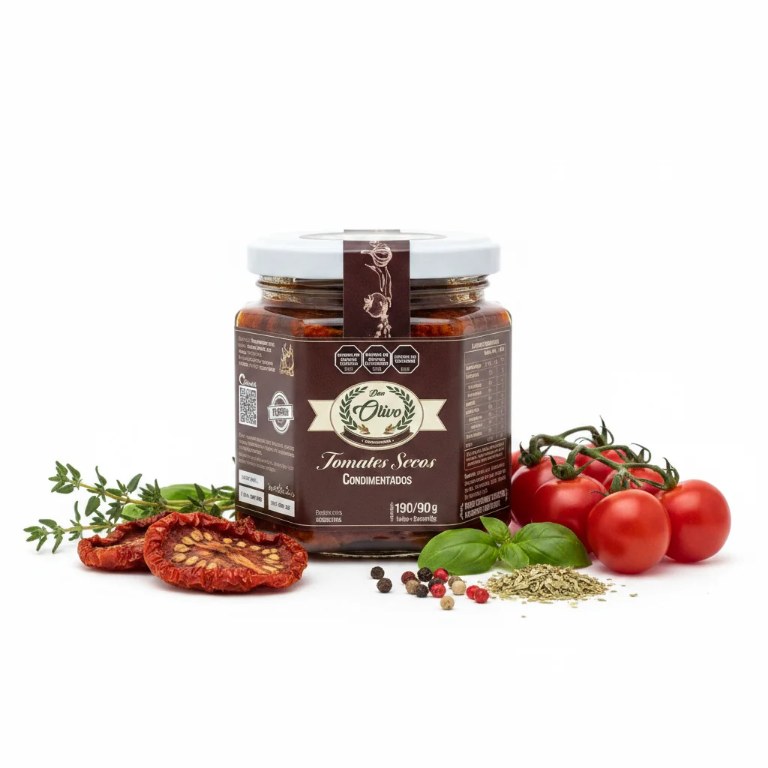 Frasco de tomates secos condimentados con tomates y especias sobre fondo blanco
