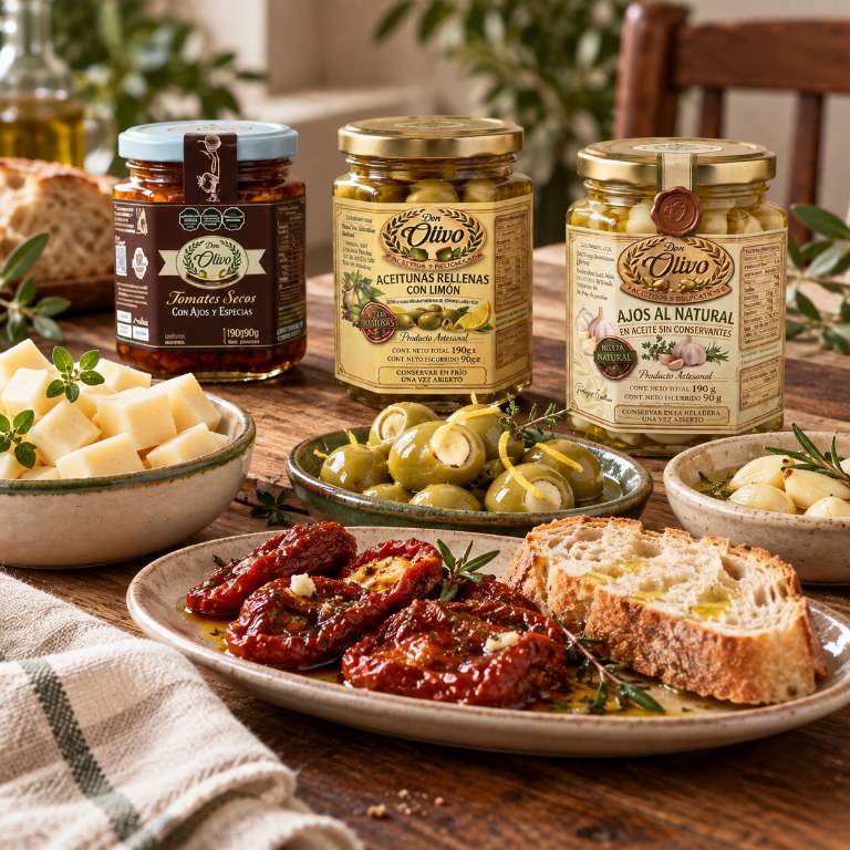 Tres variedades de conservas Don Olivo junto a una picada con pan, queso y tomates