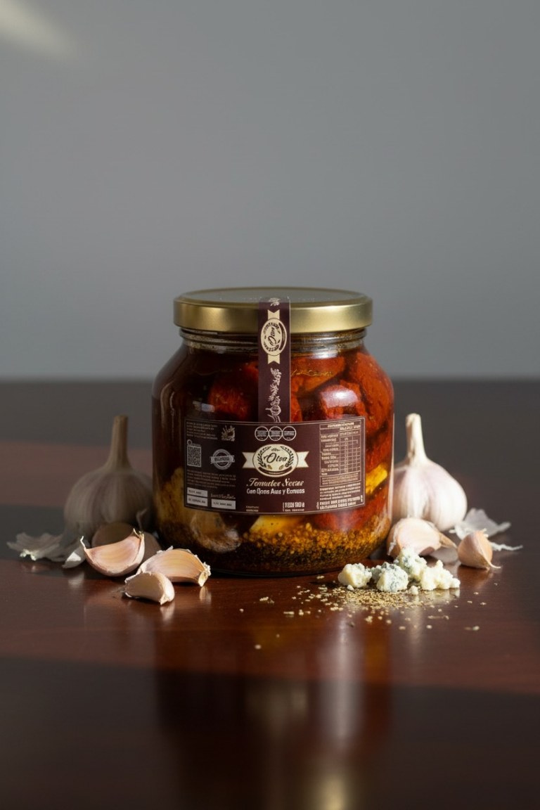 Tomates secos con queso azul y especias, acompañados de ajo y queso
