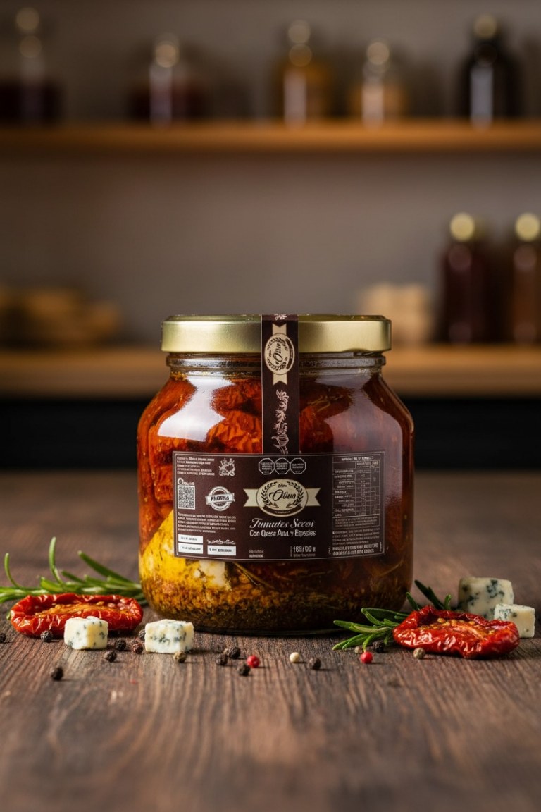 Tomates secos con queso azul y especias, con ingredientes al frente
