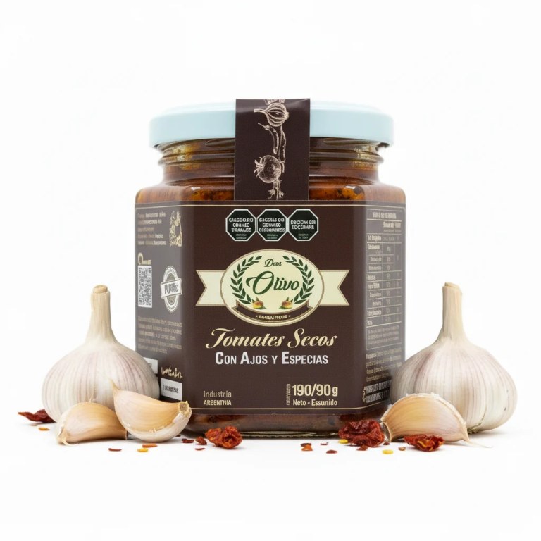 Frasco de tomates secos condimentados con dientes de ajo Don Olivo, vista 1