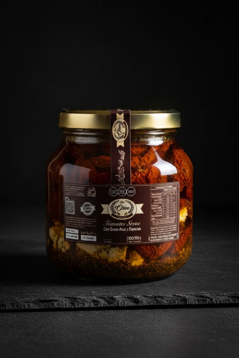 Frasco de tomates secos con queso azul y especias sobre fondo oscuro