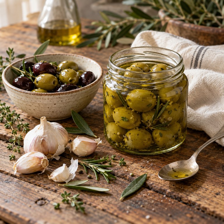 Aceitunas, ajo y hierbas junto a un frasco abierto sobre una mesa de madera