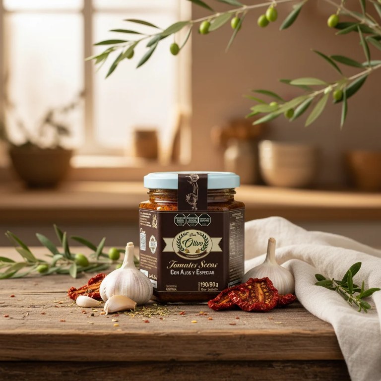 Frasco de tomates secos condimentados con dientes de ajo Don Olivo, vista 2