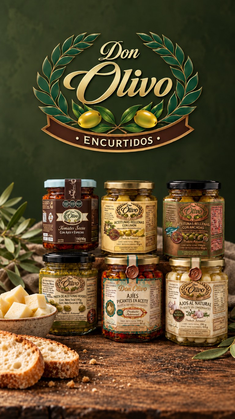 Logo Don Olivo, seis frascos distintos y una picada con cubos de queso